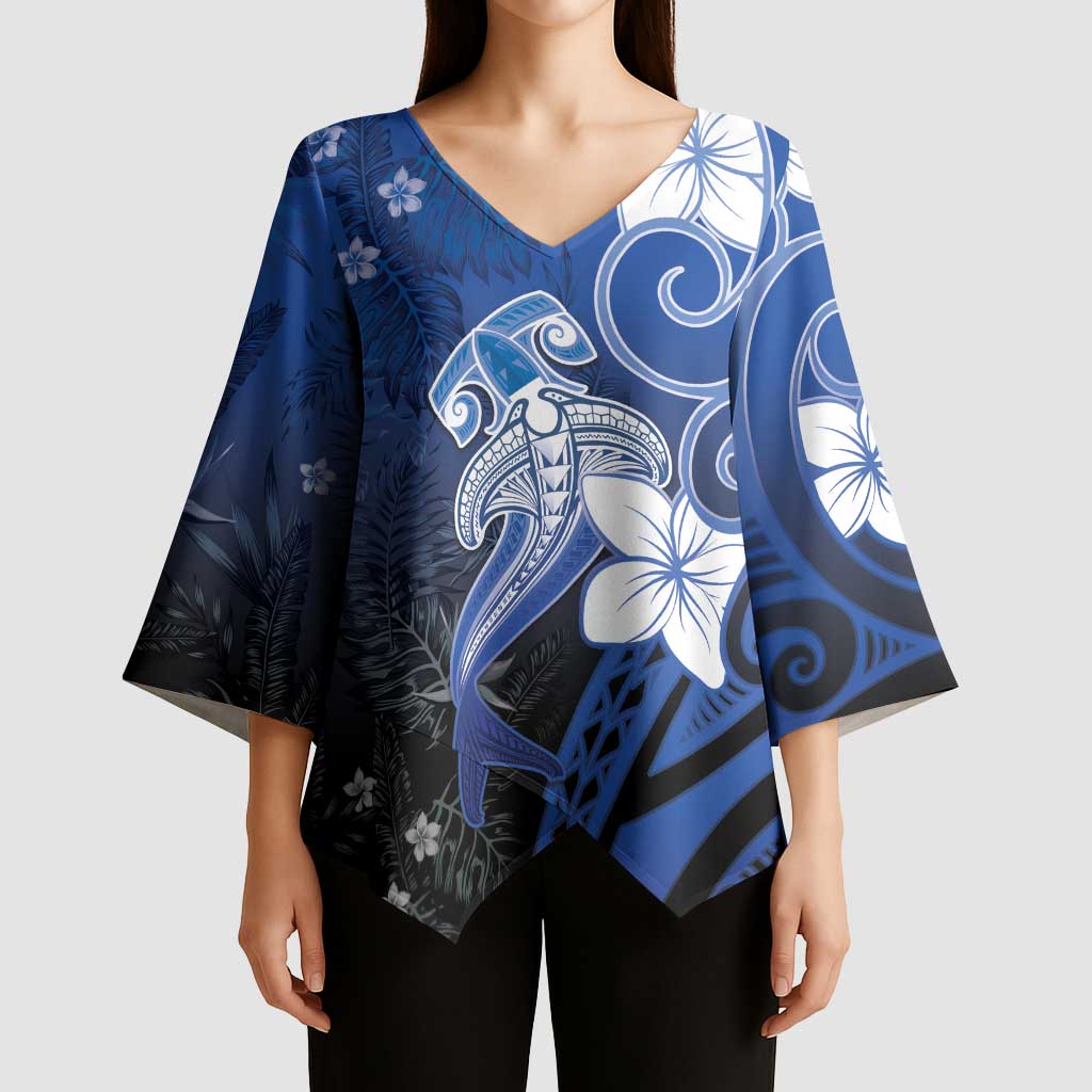 Polynesia Hammerhead Shark Kimono Sleeve Blouse Blue Tribal Pattern With Plumeria - Polynesian Pride