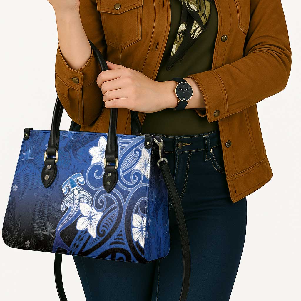Polynesia Hammerhead Shark Leather Bag Blue Tribal Pattern With Plumeria - Polynesian Pride