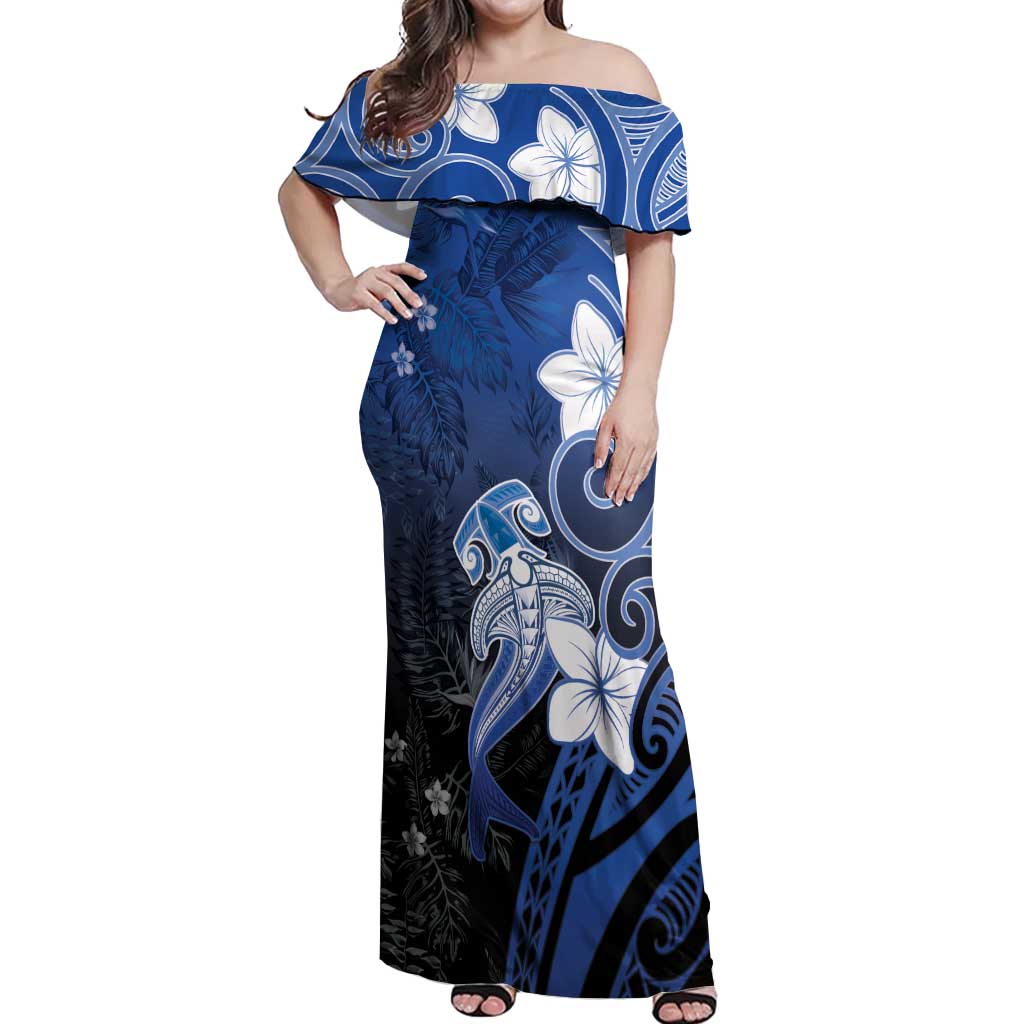 Polynesia Hammerhead Shark Off Shoulder Maxi Dress Blue Tribal Pattern With Plumeria LT05 Women Blue - Polynesian Pride