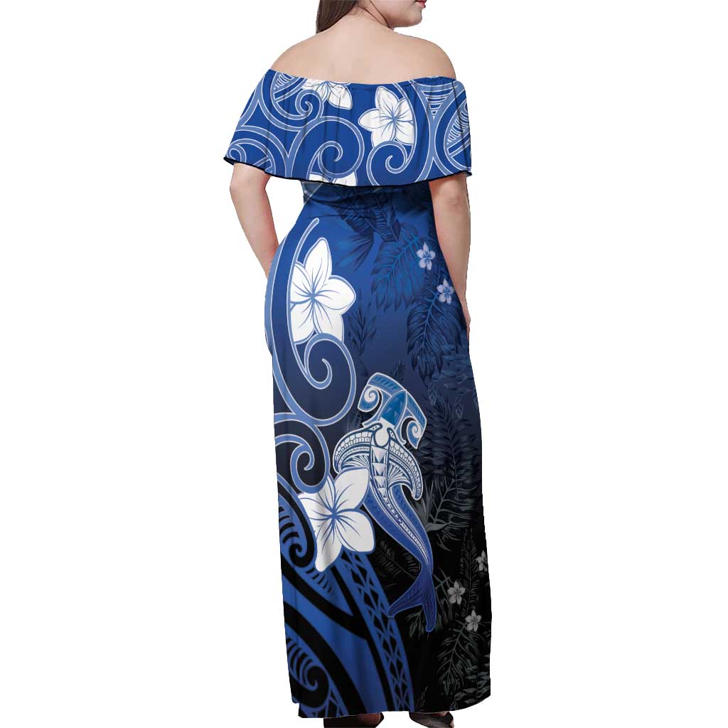 Polynesia Hammerhead Shark Off Shoulder Maxi Dress Blue Tribal Pattern With Plumeria LT05 - Polynesian Pride