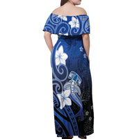 Polynesia Hammerhead Shark Off Shoulder Maxi Dress Blue Tribal Pattern With Plumeria LT05 - Polynesian Pride