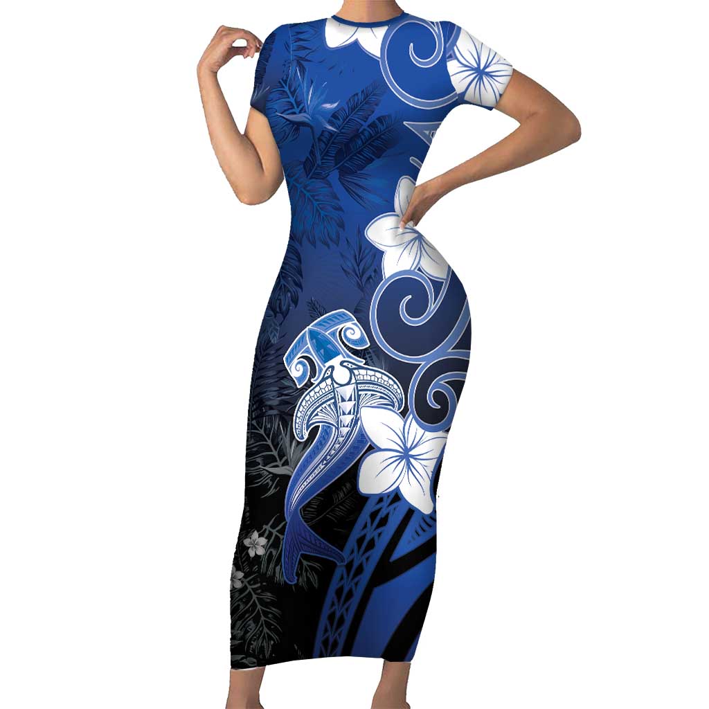 Polynesia Hammerhead Shark Short Sleeve Bodycon Dress Blue Tribal Pattern With Plumeria - Polynesian Pride