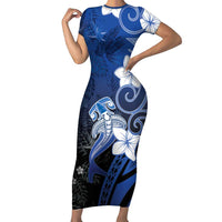 Polynesia Hammerhead Shark Short Sleeve Bodycon Dress Blue Tribal Pattern With Plumeria - Polynesian Pride
