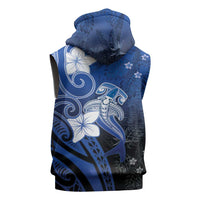 Polynesia Hammerhead Shark Sleeveless Zip Hoodie Blue Tribal Pattern With Plumeria - Polynesian Pride