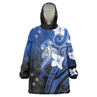 Polynesia Hammerhead Shark Wearable Blanket Hoodie Blue Tribal Pattern With Plumeria LT05 One Size Blue - Polynesian Pride