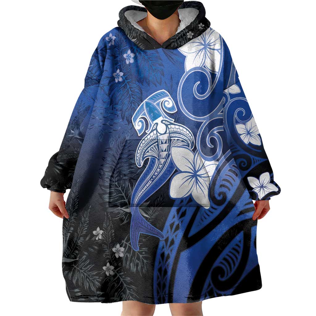 Polynesia Hammerhead Shark Wearable Blanket Hoodie Blue Tribal Pattern With Plumeria LT05 - Polynesian Pride