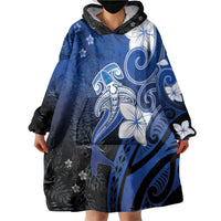 Polynesia Hammerhead Shark Wearable Blanket Hoodie Blue Tribal Pattern With Plumeria LT05 - Polynesian Pride