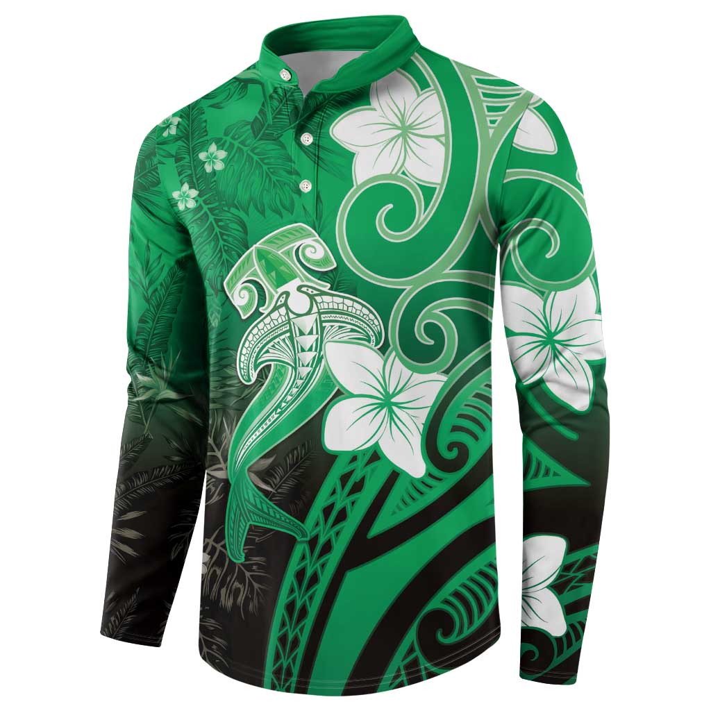 Polynesia Hammerhead Shark Button Sweatshirt Green Tribal Pattern With Plumeria - Polynesian Pride