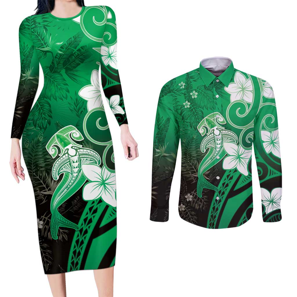 Polynesia Hammerhead Shark Couples Matching Long Sleeve Bodycon Dress and Long Sleeve Button Shirt Green Tribal Pattern With Plumeria - Polynesian Pride