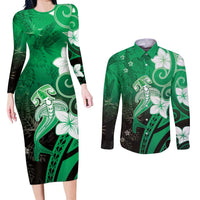 Polynesia Hammerhead Shark Couples Matching Long Sleeve Bodycon Dress and Long Sleeve Button Shirt Green Tribal Pattern With Plumeria - Polynesian Pride