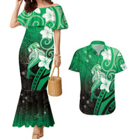 Polynesia Hammerhead Shark Couples Matching Mermaid Dress and Hawaiian Shirt Green Tribal Pattern With Plumeria - Polynesian Pride