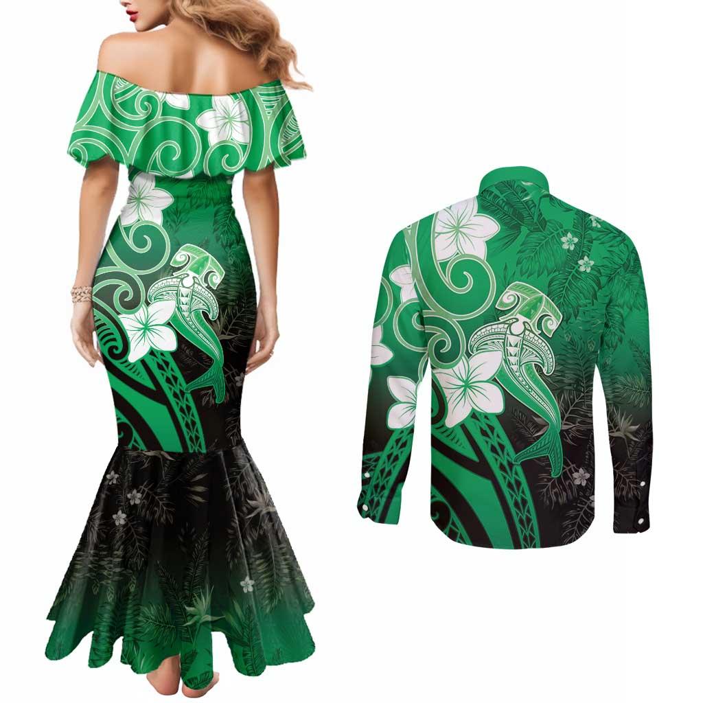 Polynesia Hammerhead Shark Couples Matching Mermaid Dress and Long Sleeve Button Shirt Green Tribal Pattern With Plumeria - Polynesian Pride
