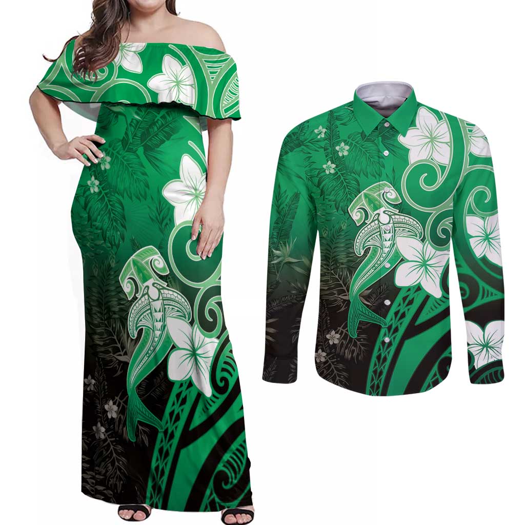 Polynesia Hammerhead Shark Couples Matching Off Shoulder Maxi Dress and Long Sleeve Button Shirt Green Tribal Pattern With Plumeria - Polynesian Pride