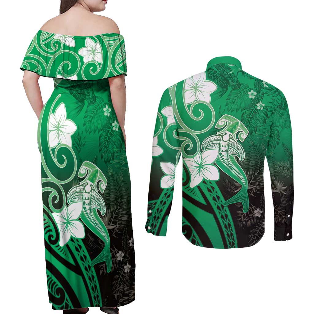 Polynesia Hammerhead Shark Couples Matching Off Shoulder Maxi Dress and Long Sleeve Button Shirt Green Tribal Pattern With Plumeria - Polynesian Pride