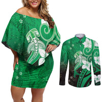 Polynesia Hammerhead Shark Couples Matching Off Shoulder Short Dress and Long Sleeve Button Shirt Green Tribal Pattern With Plumeria - Polynesian Pride