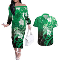 Polynesia Hammerhead Shark Couples Matching Off The Shoulder Long Sleeve Dress and Hawaiian Shirt Green Tribal Pattern With Plumeria LT05 Green - Polynesian Pride