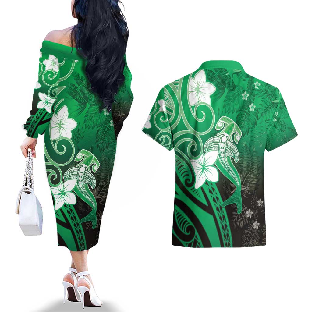 Polynesia Hammerhead Shark Couples Matching Off The Shoulder Long Sleeve Dress and Hawaiian Shirt Green Tribal Pattern With Plumeria LT05 - Polynesian Pride