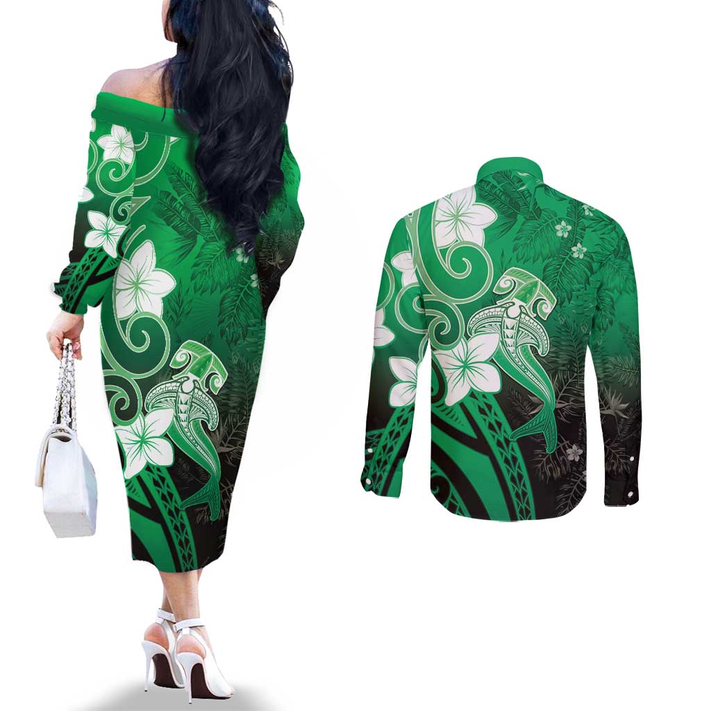Polynesia Hammerhead Shark Couples Matching Off The Shoulder Long Sleeve Dress and Long Sleeve Button Shirt Green Tribal Pattern With Plumeria - Polynesian Pride