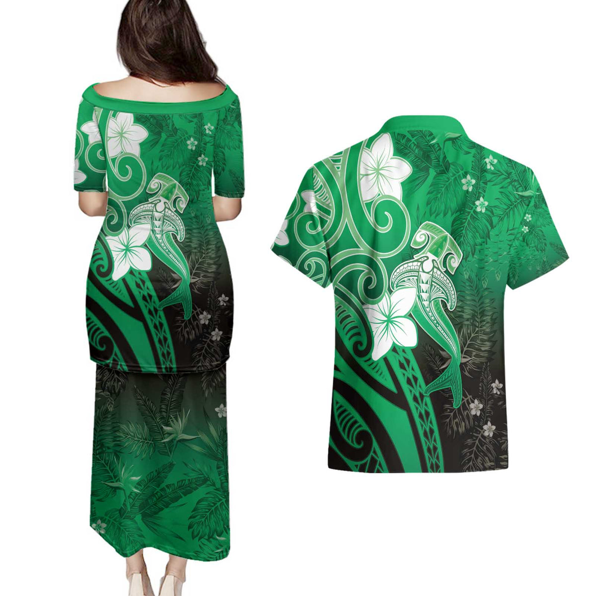 Polynesia Hammerhead Shark Couples Matching Puletasi and Hawaiian Shirt Green Tribal Pattern With Plumeria LT05 - Polynesian Pride