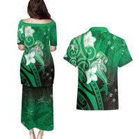 Polynesia Hammerhead Shark Couples Matching Puletasi and Hawaiian Shirt Green Tribal Pattern With Plumeria LT05 - Polynesian Pride