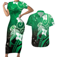Polynesia Hammerhead Shark Couples Matching Short Sleeve Bodycon Dress and Hawaiian Shirt Green Tribal Pattern With Plumeria LT05 Green - Polynesian Pride