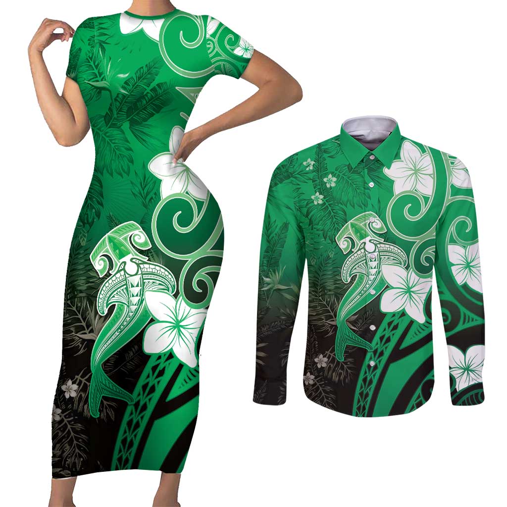 Polynesia Hammerhead Shark Couples Matching Short Sleeve Bodycon Dress and Long Sleeve Button Shirt Green Tribal Pattern With Plumeria - Polynesian Pride