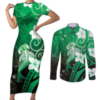 Polynesia Hammerhead Shark Couples Matching Short Sleeve Bodycon Dress and Long Sleeve Button Shirt Green Tribal Pattern With Plumeria - Polynesian Pride
