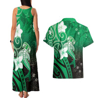Polynesia Hammerhead Shark Couples Matching Tank Maxi Dress and Hawaiian Shirt Green Tribal Pattern With Plumeria - Polynesian Pride