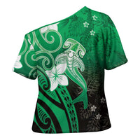 Polynesia Hammerhead Shark Cross Shoulder Shirt Green Tribal Pattern With Plumeria - Polynesian Pride