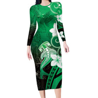 Polynesia Hammerhead Shark Family Matching Long Sleeve Bodycon Dress and Hawaiian Shirt Green Tribal Pattern With Plumeria LT05 Mom's Dress Green - Polynesian Pride
