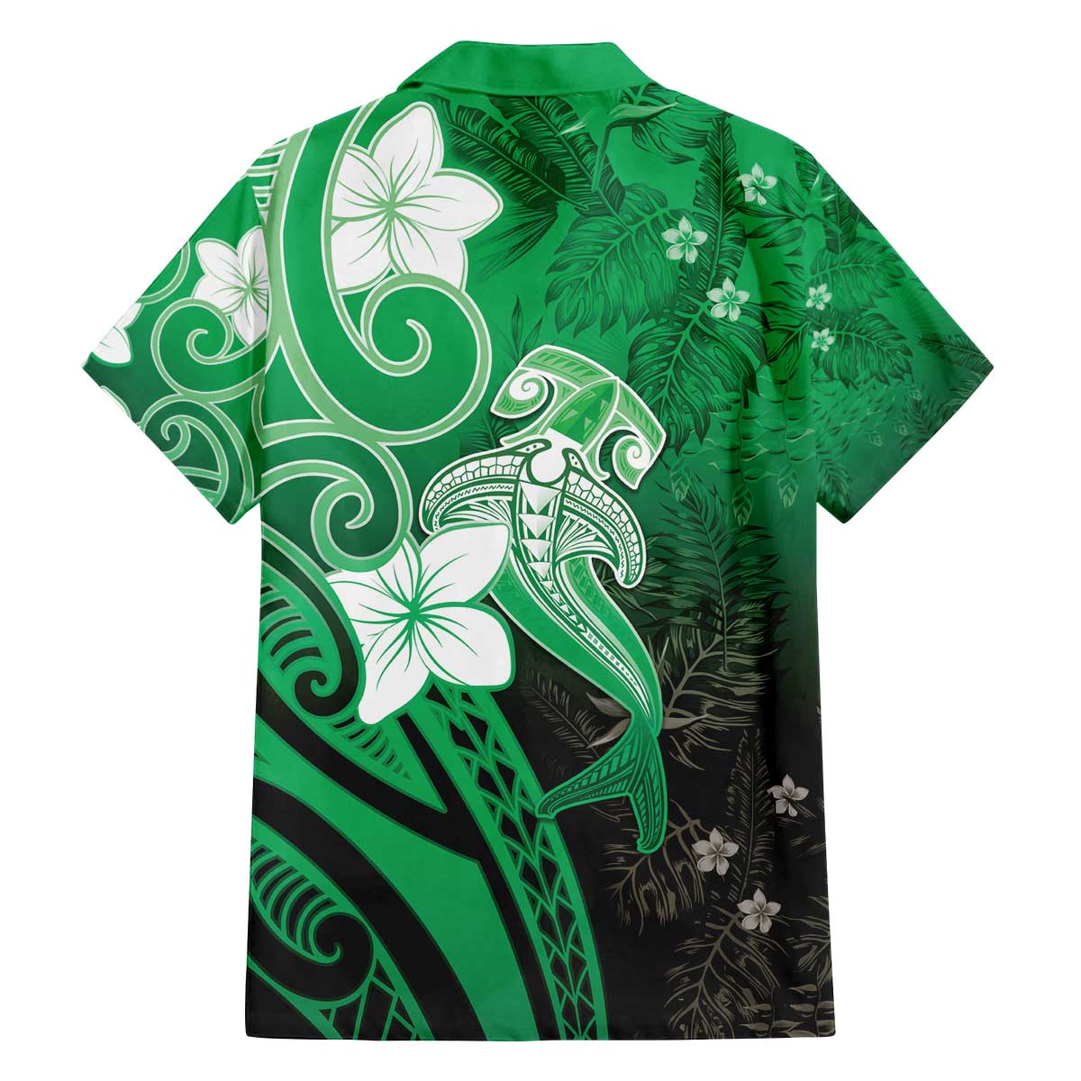 Polynesia Hammerhead Shark Family Matching Off The Shoulder Long Sleeve Dress and Hawaiian Shirt Green Tribal Pattern With Plumeria LT05 - Polynesian Pride