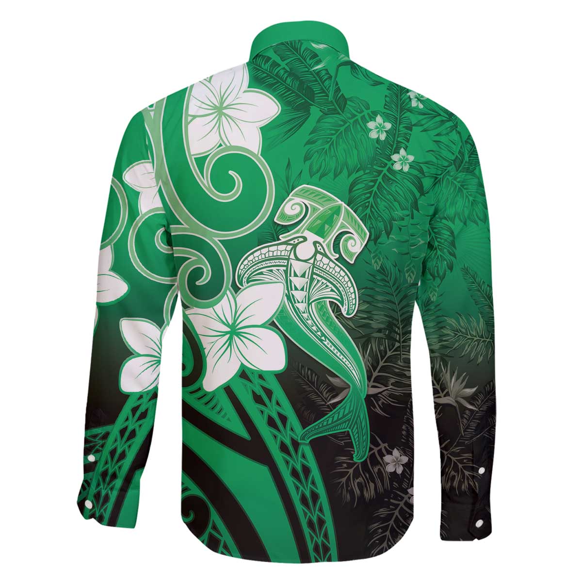 Polynesia Hammerhead Shark Family Matching Off The Shoulder Long Sleeve Dress and Hawaiian Shirt Green Tribal Pattern With Plumeria LT05 - Polynesian Pride