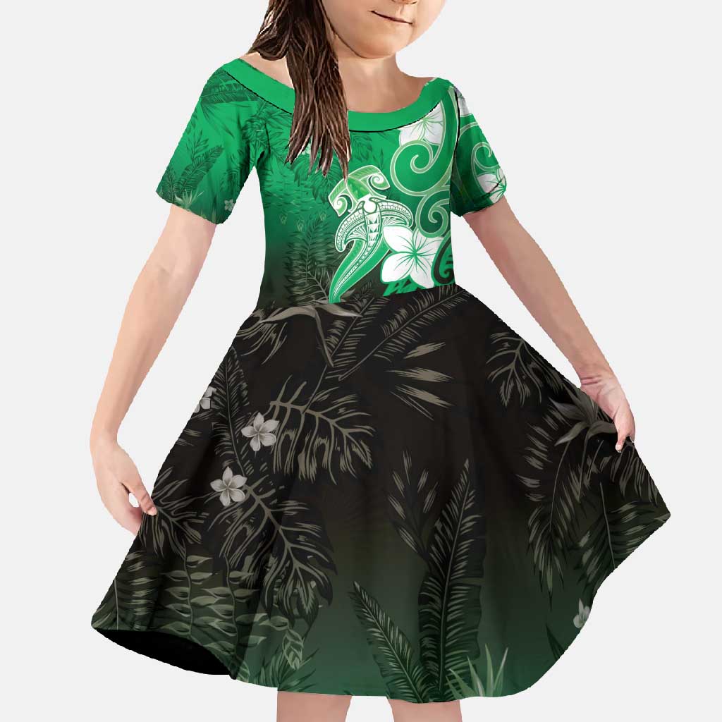 Polynesia Hammerhead Shark Family Matching Off Shoulder Maxi Dress and Hawaiian Shirt Green Tribal Pattern With Plumeria LT05 Daughter's Dress Green - Polynesian Pride