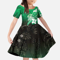 Polynesia Hammerhead Shark Family Matching Off Shoulder Maxi Dress and Hawaiian Shirt Green Tribal Pattern With Plumeria LT05 Daughter's Dress Green - Polynesian Pride