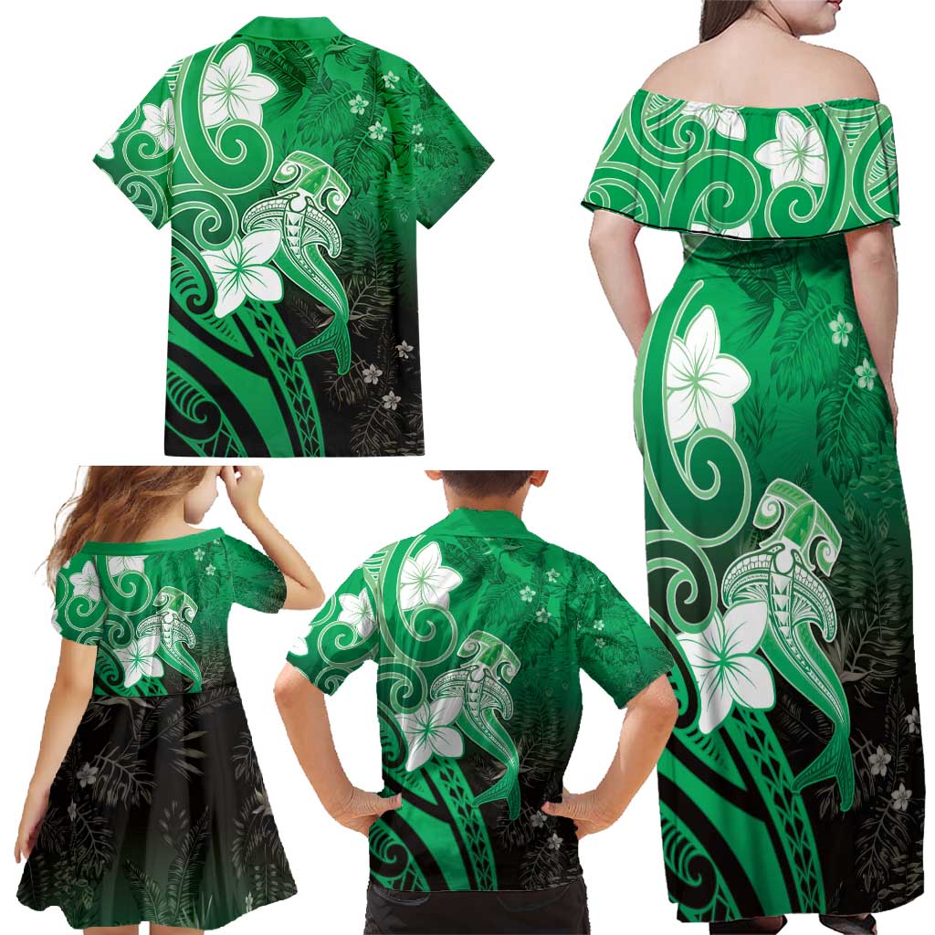 Polynesia Hammerhead Shark Family Matching Off Shoulder Maxi Dress and Hawaiian Shirt Green Tribal Pattern With Plumeria LT05 - Polynesian Pride