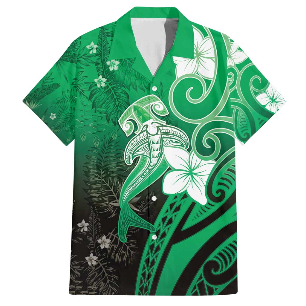 Polynesia Hammerhead Shark Family Matching Off Shoulder Maxi Dress and Hawaiian Shirt Green Tribal Pattern With Plumeria LT05 Dad's Shirt - Short Sleeve Green - Polynesian Pride