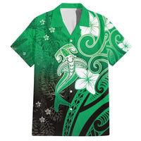 Polynesia Hammerhead Shark Family Matching Off Shoulder Maxi Dress and Hawaiian Shirt Green Tribal Pattern With Plumeria LT05 Dad's Shirt - Short Sleeve Green - Polynesian Pride