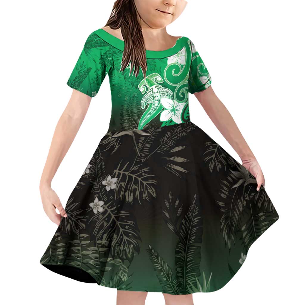Polynesia Hammerhead Shark Family Matching Off Shoulder Short Dress and Hawaiian Shirt Green Tribal Pattern With Plumeria LT05 Daughter's Dress Green - Polynesian Pride