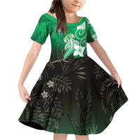 Polynesia Hammerhead Shark Family Matching Off Shoulder Short Dress and Hawaiian Shirt Green Tribal Pattern With Plumeria LT05 Daughter's Dress Green - Polynesian Pride