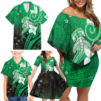 Polynesia Hammerhead Shark Family Matching Off Shoulder Short Dress and Hawaiian Shirt Green Tribal Pattern With Plumeria LT05 - Polynesian Pride
