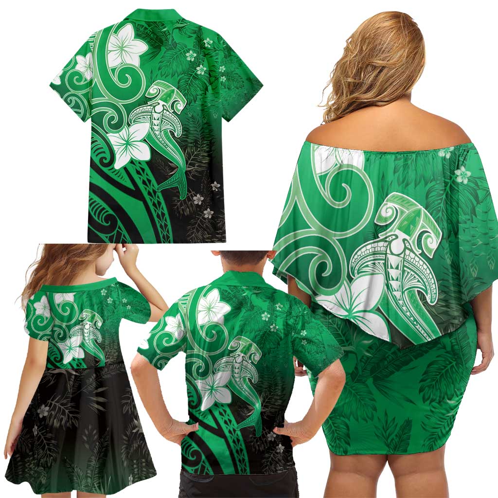 Polynesia Hammerhead Shark Family Matching Off Shoulder Short Dress and Hawaiian Shirt Green Tribal Pattern With Plumeria LT05 - Polynesian Pride