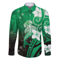 Polynesia Hammerhead Shark Family Matching Off Shoulder Short Dress and Hawaiian Shirt Green Tribal Pattern With Plumeria LT05 Dad's Shirt - Long Sleeve Green - Polynesian Pride