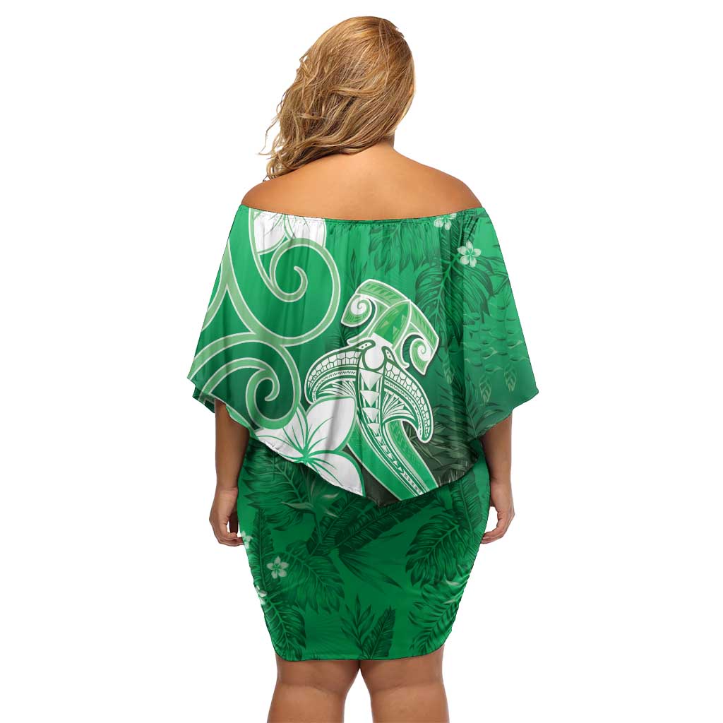 Polynesia Hammerhead Shark Family Matching Off Shoulder Short Dress and Hawaiian Shirt Green Tribal Pattern With Plumeria LT05 - Polynesian Pride