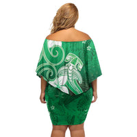 Polynesia Hammerhead Shark Family Matching Off Shoulder Short Dress and Hawaiian Shirt Green Tribal Pattern With Plumeria LT05 - Polynesian Pride