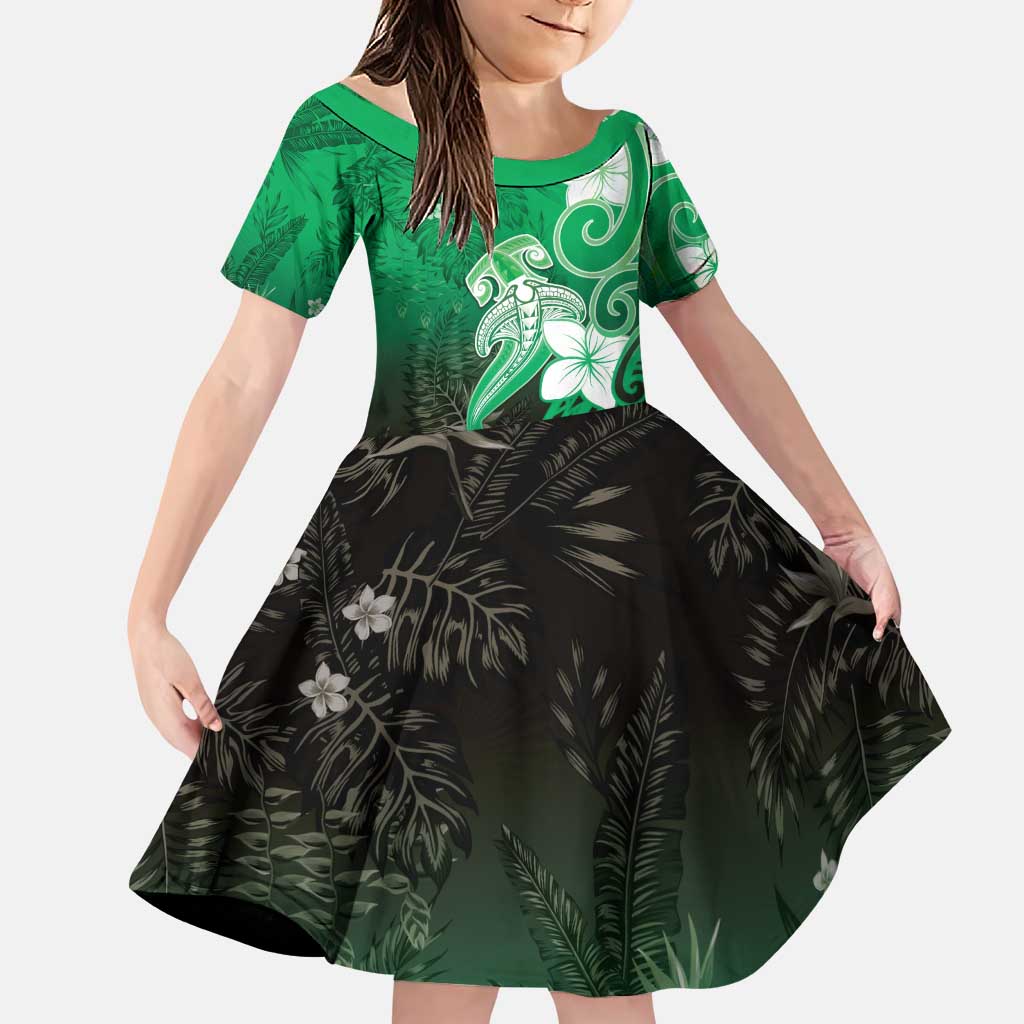 Polynesia Hammerhead Shark Family Matching Puletasi and Hawaiian Shirt Green Tribal Pattern With Plumeria LT05 Daughter's Dress Green - Polynesian Pride