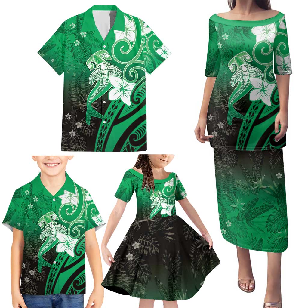 Polynesia Hammerhead Shark Family Matching Puletasi and Hawaiian Shirt Green Tribal Pattern With Plumeria LT05 - Polynesian Pride