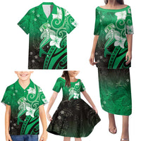 Polynesia Hammerhead Shark Family Matching Puletasi and Hawaiian Shirt Green Tribal Pattern With Plumeria LT05 - Polynesian Pride