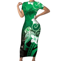 Polynesia Hammerhead Shark Family Matching Short Sleeve Bodycon Dress and Hawaiian Shirt Green Tribal Pattern With Plumeria LT05 Mom's Dress Green - Polynesian Pride