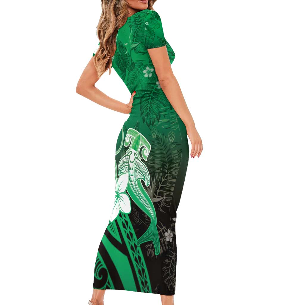 Polynesia Hammerhead Shark Family Matching Short Sleeve Bodycon Dress and Hawaiian Shirt Green Tribal Pattern With Plumeria LT05 - Polynesian Pride