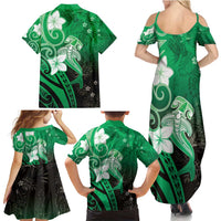 Polynesia Hammerhead Shark Family Matching Summer Maxi Dress and Hawaiian Shirt Green Tribal Pattern With Plumeria LT05 - Polynesian Pride